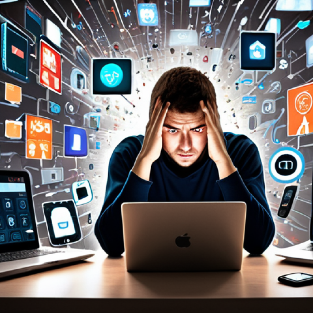 **Prompt 1: The Myth of Constant Connectivity**
    An overwhelmed person, appearing Italian, with a stressed expression, seated at a desk or in a cluttered space. They are surrounded by multiple glowing digital screens (smartphone, laptop, tablet) with a chaotic overlay of pop-up notifications, flashing icons, and fragmented information. The background is a blur of activity and digital noise, symbolizing a "mind battlefield" with too many open tabs. The lighting is harsh and artificial, creating a sense of anxiety and mental dispersion. Realistic, modern digital art style.
