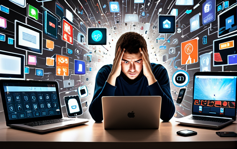 **Prompt 1: The Myth of Constant Connectivity**
    An overwhelmed person, appearing Italian, with a stressed expression, seated at a desk or in a cluttered space. They are surrounded by multiple glowing digital screens (smartphone, laptop, tablet) with a chaotic overlay of pop-up notifications, flashing icons, and fragmented information. The background is a blur of activity and digital noise, symbolizing a "mind battlefield" with too many open tabs. The lighting is harsh and artificial, creating a sense of anxiety and mental dispersion. Realistic, modern digital art style.