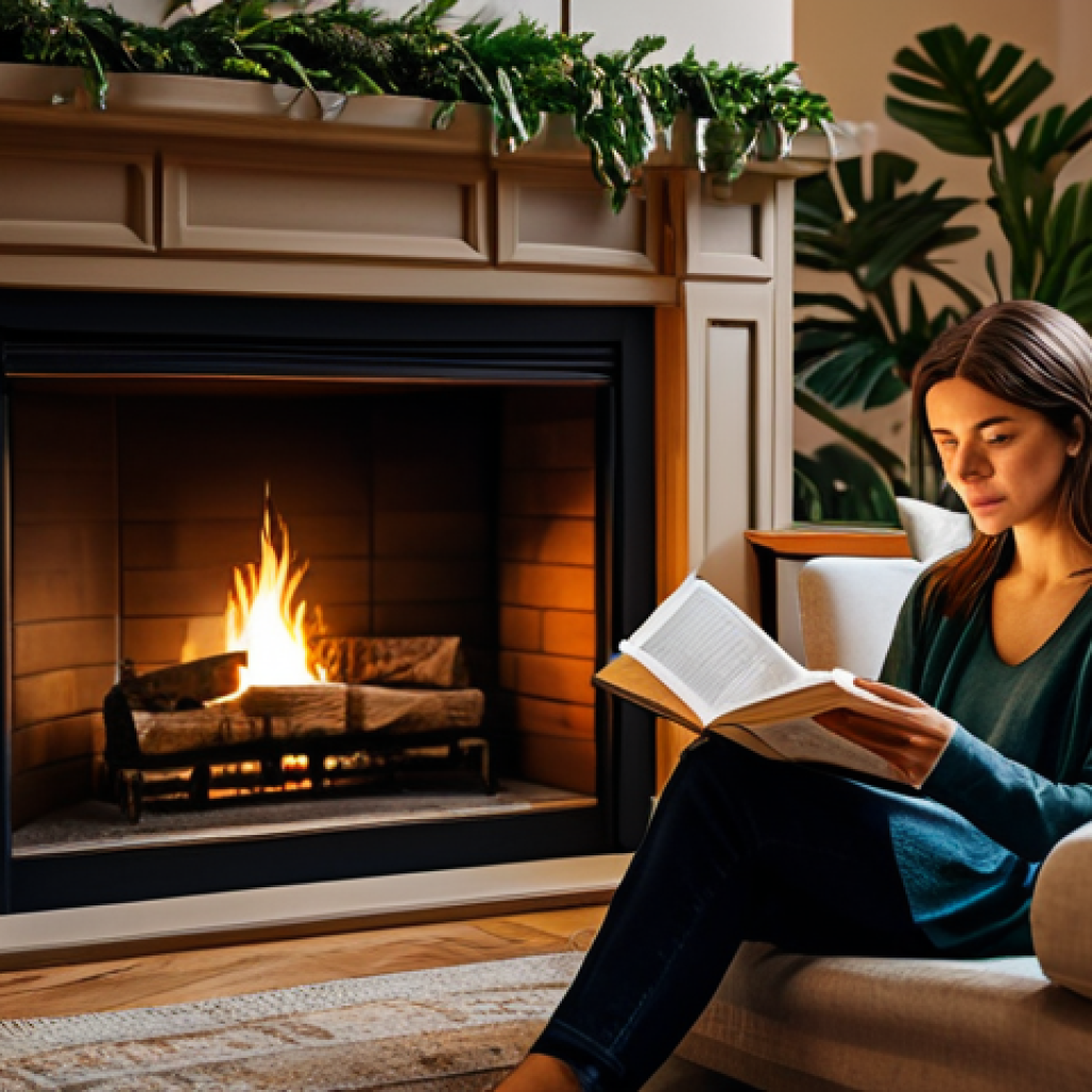 **
"A woman in a cozy living room, fully clothed in comfortable attire, reading a paper book near a fireplace. The room is decorated with plants and warm lighting, creating a relaxing atmosphere. Safe for work, appropriate content, family-friendly, perfect anatomy, natural proportions, professional photography, high quality."
**