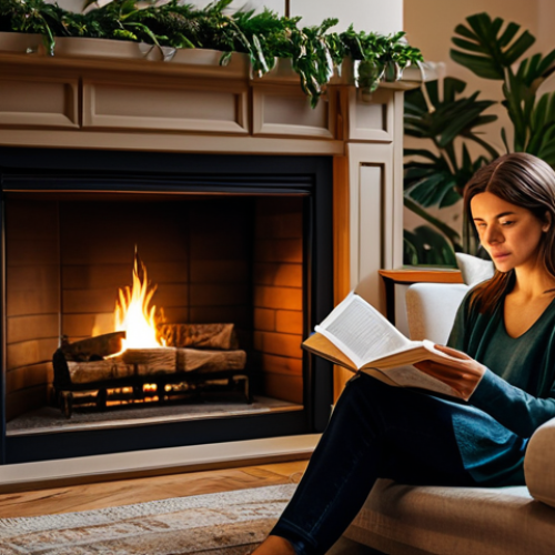Home 16 **
"A woman in a cozy living room, fully clothed in comfortable attire, reading a paper book near a fireplace. The room is decorated with plants and warm lighting, creating a relaxing atmosphere. Safe for work, appropriate content, family-friendly, perfect anatomy, natural proportions, professional photography, high quality."
**