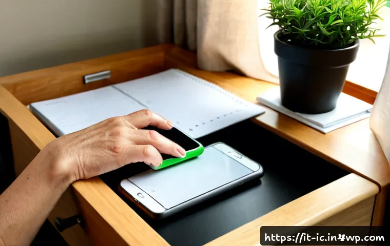 Home 17 언플러그드 시간 관리의 심리적 접근 - Photorealistic Italian home office in the early morning, a calm middle-aged woman placing a smartpho...