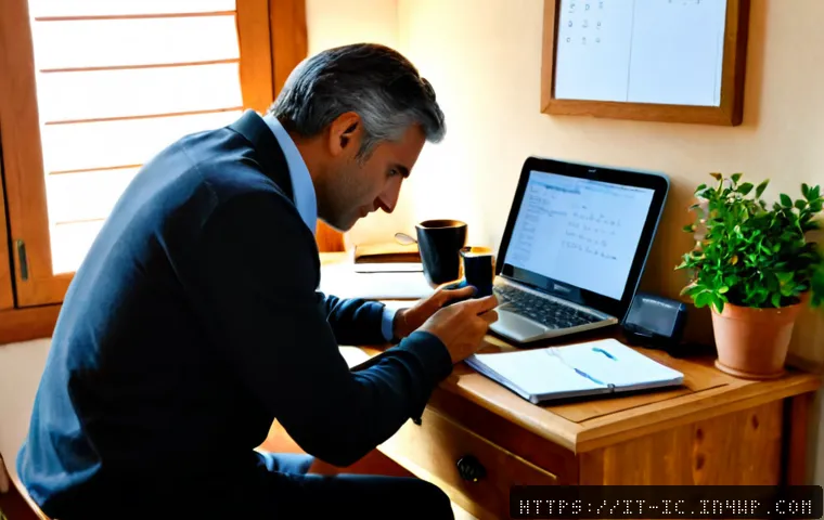 Home 17 언플러그드 시간과 생산성의 상관관계 - Photorealistic Italian home office in early morning, a middle-aged professional in casual smart clot...